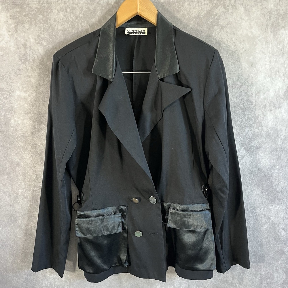 Contempo Casuals Blazer Women M Black Vintage 90s Satin Trim Cinch *See Pics*